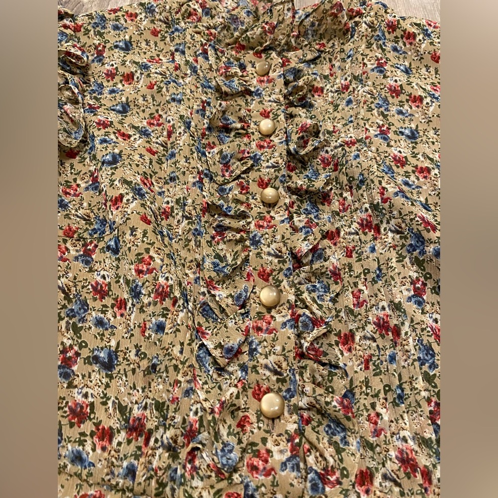 NEW MIKAEL AGHAL Floral Red Blue Ruffle Knee Length Flare Dress- 4 - Picture 5 of 15